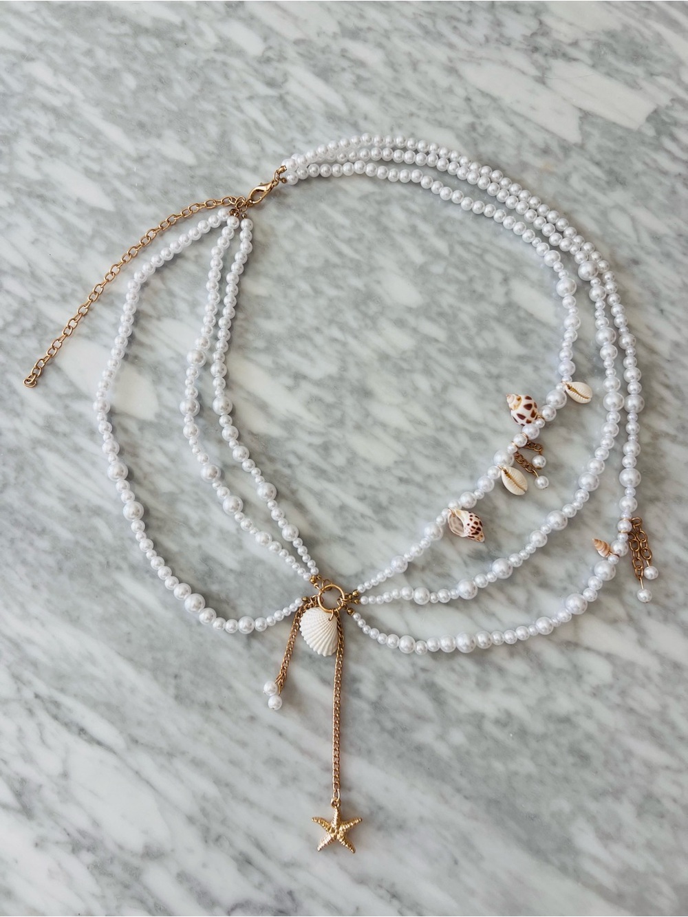 Gold & White Pearl Multi-Strand Shell and Starfish Belt